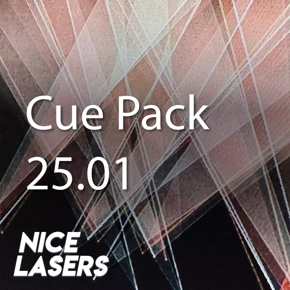 Product thumbnail for Nice Lasers’ Cue Pack titled ‘25.01.’ The background features an abstract geometric laser design with intersecting translucent beams in warm tones. The text ‘Cue Pack’ and ‘25.01’ is displayed in white, with the Nice Lasers logo positioned in the bottom left corner.