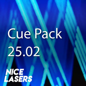 Product thumbnail for Nice Lasers’ Cue Pack titled ‘25.02.’ The background features vibrant blue laser beams forming a dynamic and futuristic pattern. The text ‘Cue Pack’ and ‘25.02’ is displayed in white, with the Nice Lasers logo positioned in the bottom left corner.