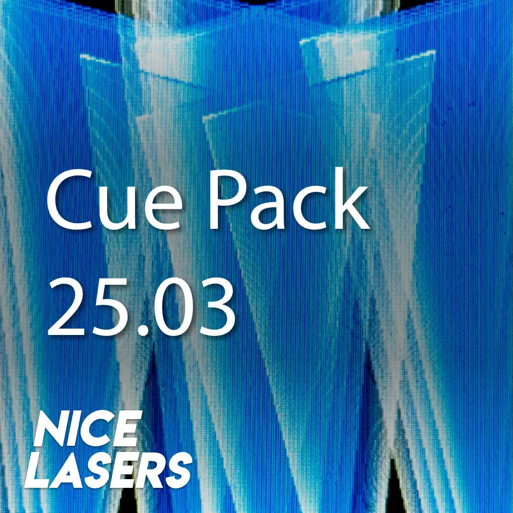 Product thumbnail for Nice Lasers’ Cue Pack titled ‘25.03.’ The background showcases an intricate blue laser structure with layered geometric patterns. The text ‘Cue Pack’ and ‘25.03’ is prominently displayed in white, with the Nice Lasers logo in the bottom left corner.