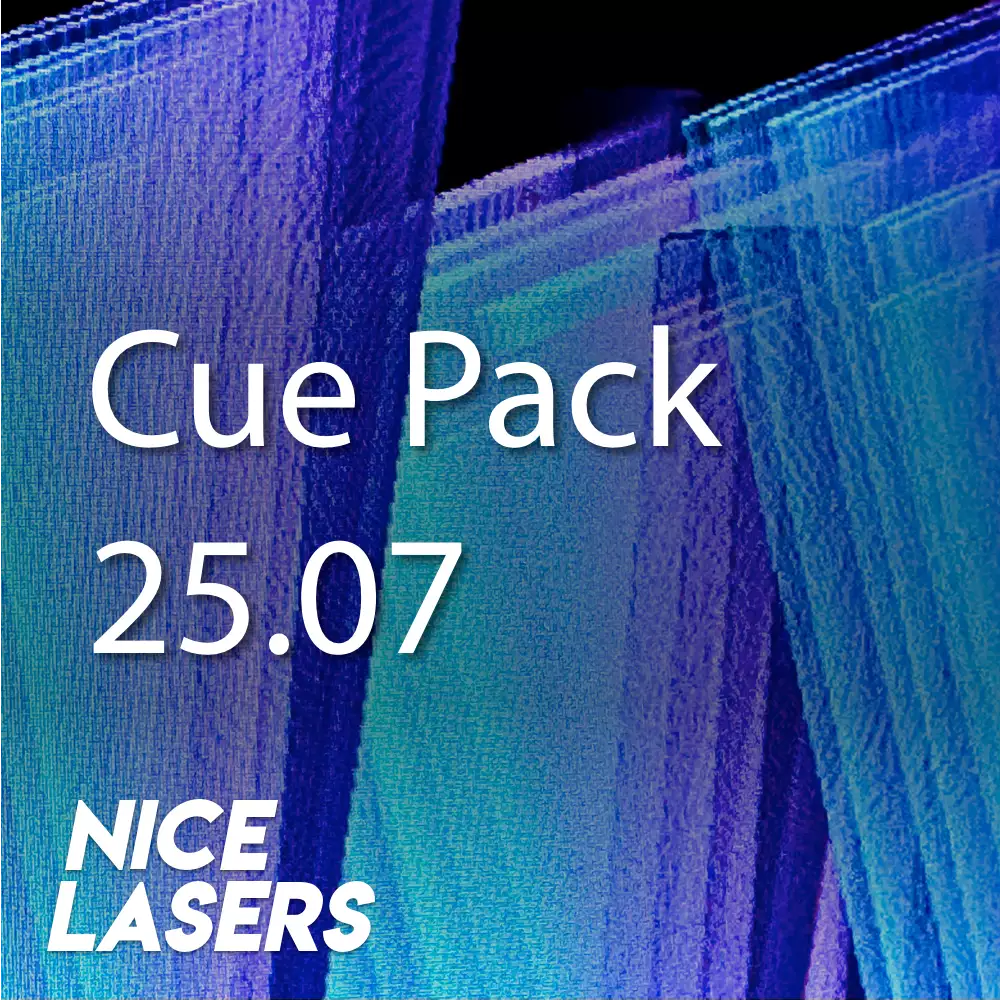 CuePack 25.07 by Nice Lasers with vibrant purple and cyan gradient laser beams background.