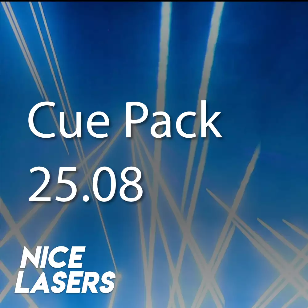 Nice Lasers CuePack 25.08 showcasing BPM synced beams in vibrant colors with sharp, dynamic laser effects.