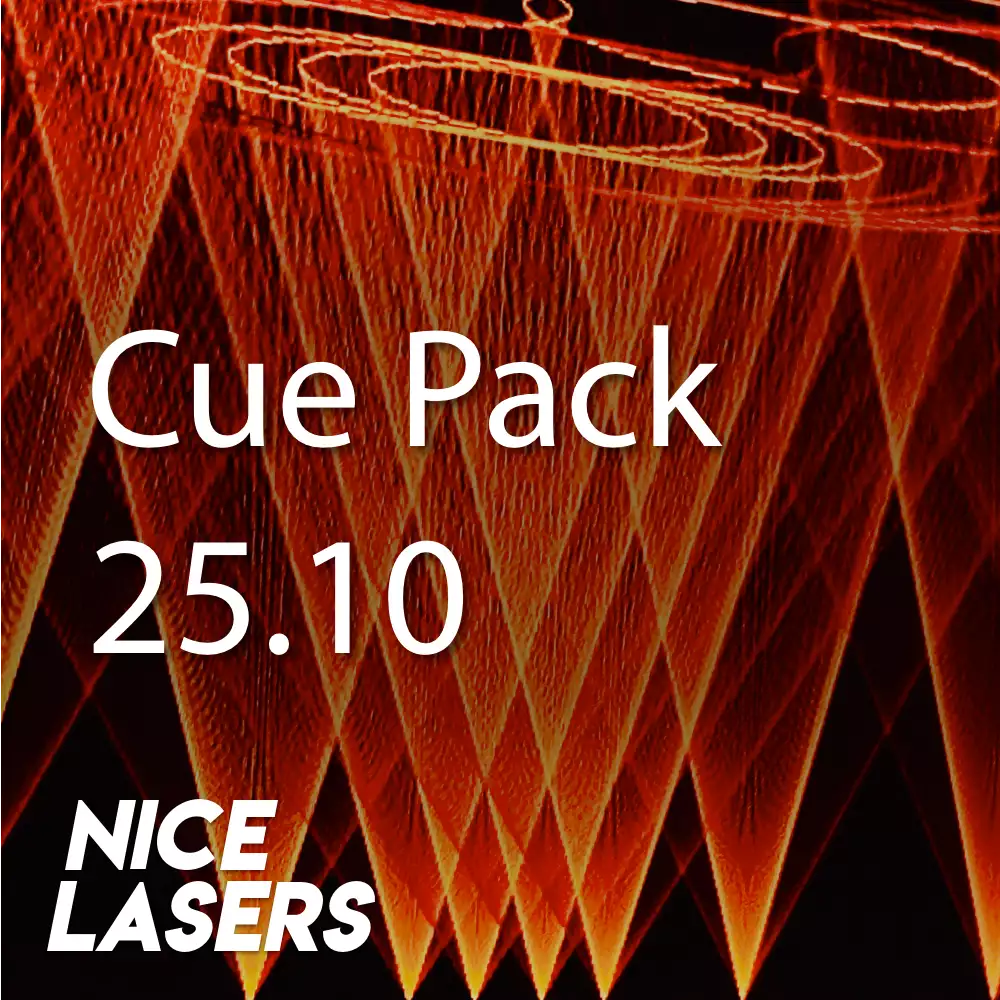 Laser beams in red and orange forming a dynamic spiral pattern, representing the intensity and movement of CuePack 25.10.