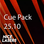 Laser beams in red and orange streaking across the screen in diagonal lines, highlighting the sharp intensity of CuePack 25.10.