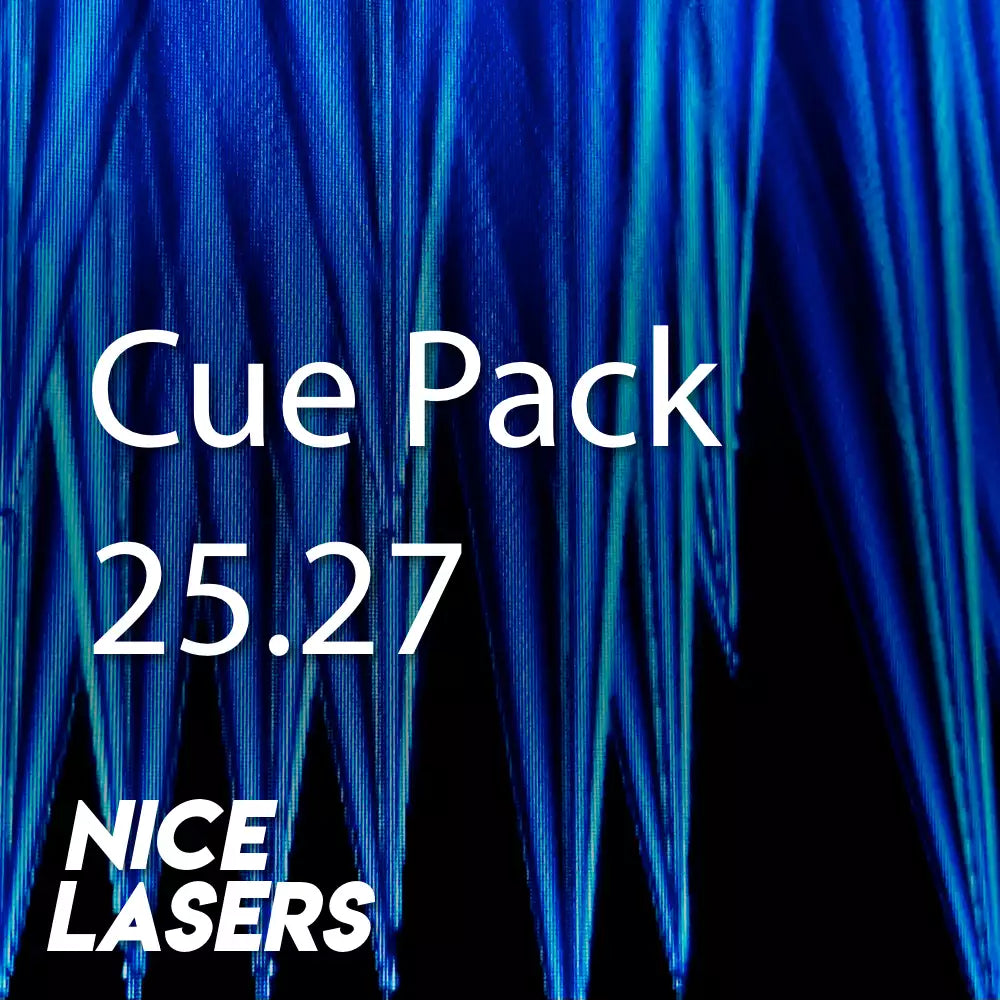 Blue laser strings with text 'Cue Pack 25.27' and 'Nice Lasers' on a blue background