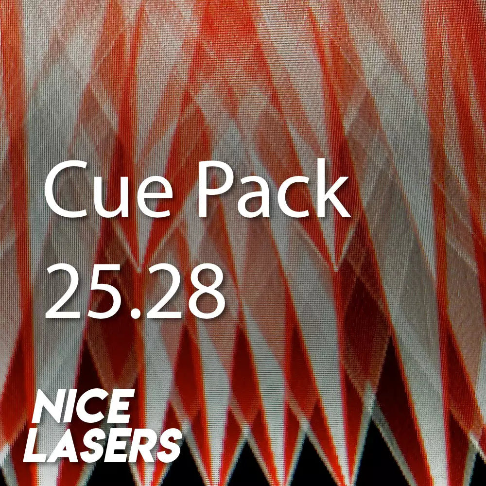 Text 'Cue Pack 25.28 NICE LASERS' on a red and white striped background