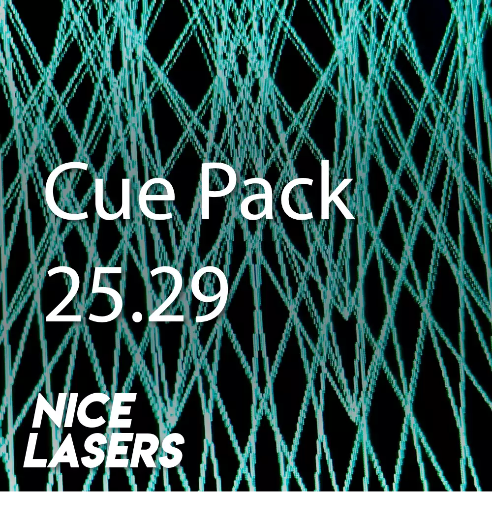Cue Pack 25.29 by Nice Lasers with teal laser lines on a black background