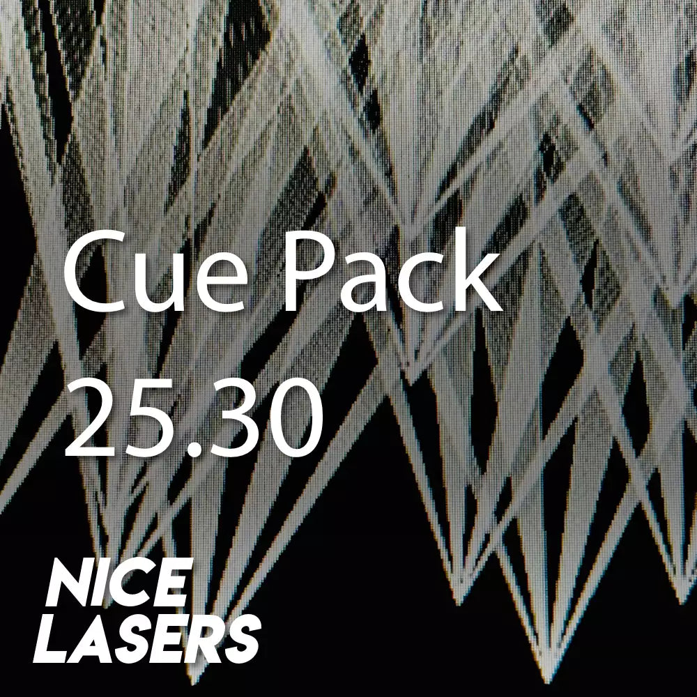 Text 'Cue Pack 25.30' and 'Nice Lasers' on a geometric patterned background