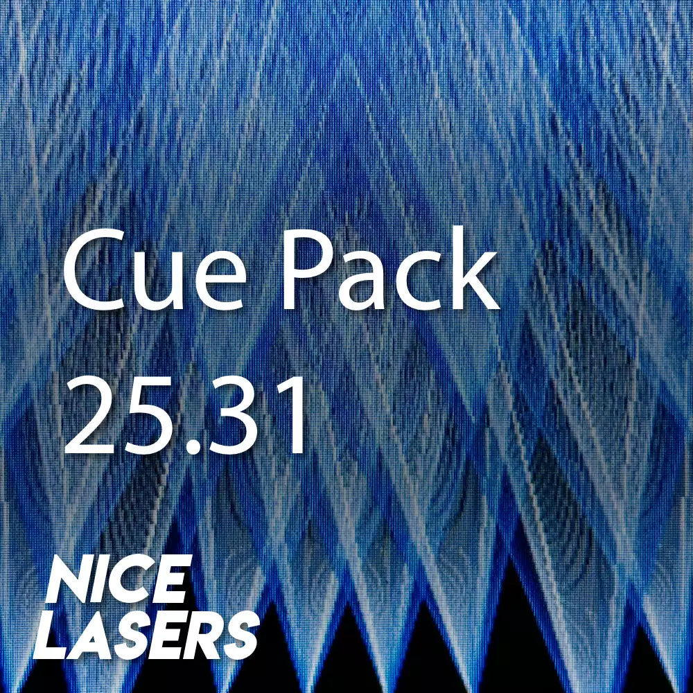 Text 'Cue Pack 25.31' and 'Nice Lasers' on a blue abstract background