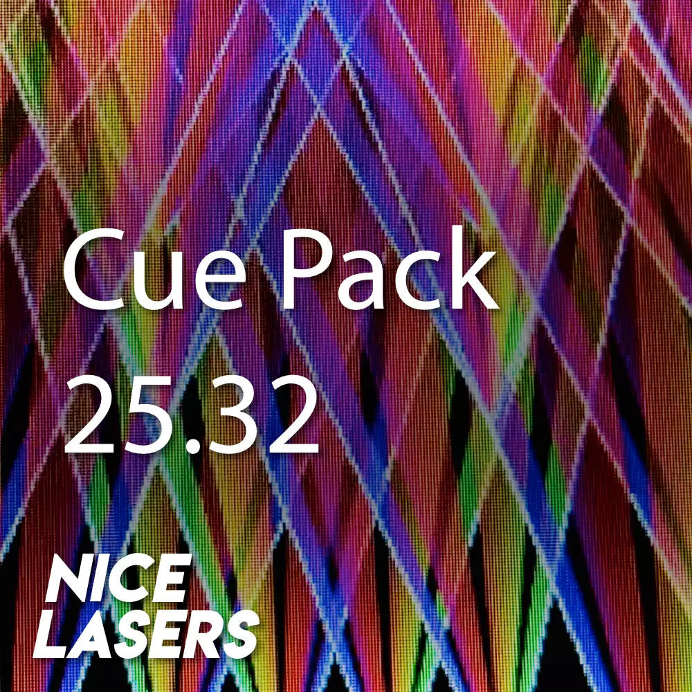 Colorful laser pattern with text 'Cue Pack 25.32' and 'Nice Lasers' on a dark background