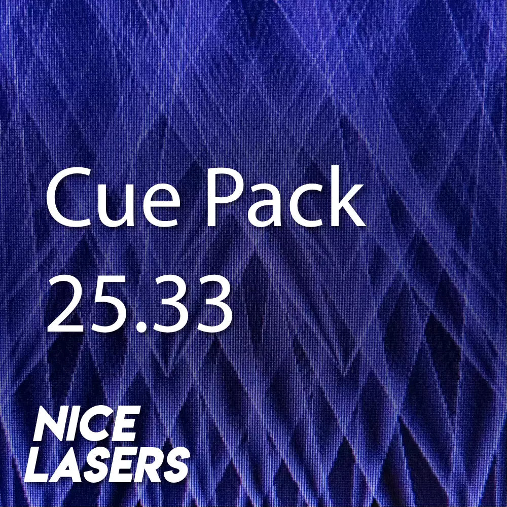 Text 'Cue Pack 25.33 NICE LASERS' on a blue textured background