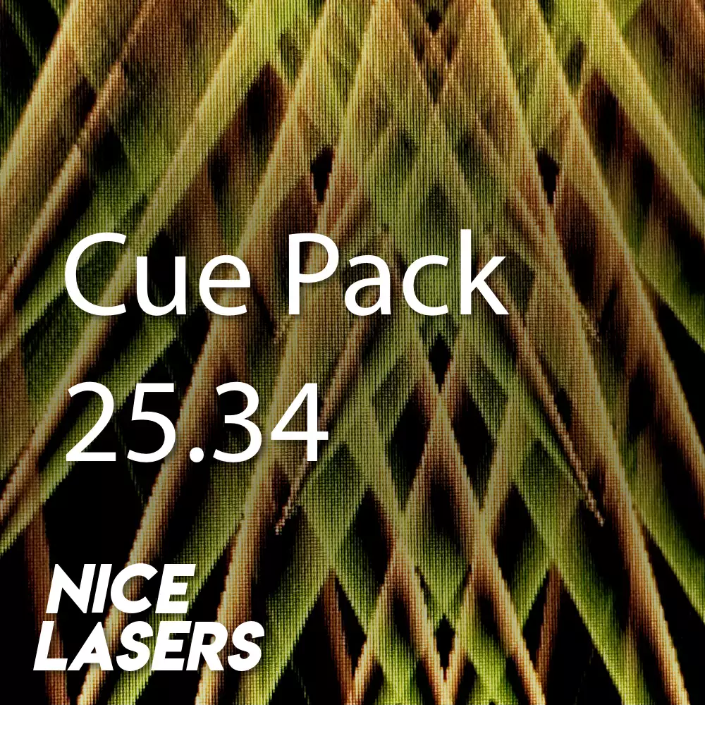 Text 'Cue Pack 25.34 NICE LASERS' on a patterned background