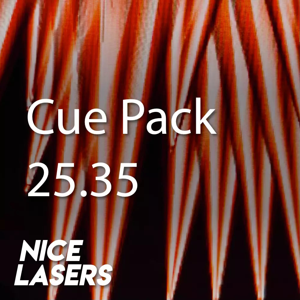 Cable with text 'Cue Pack 25.35' and 'Nice Lasers' on a dark background