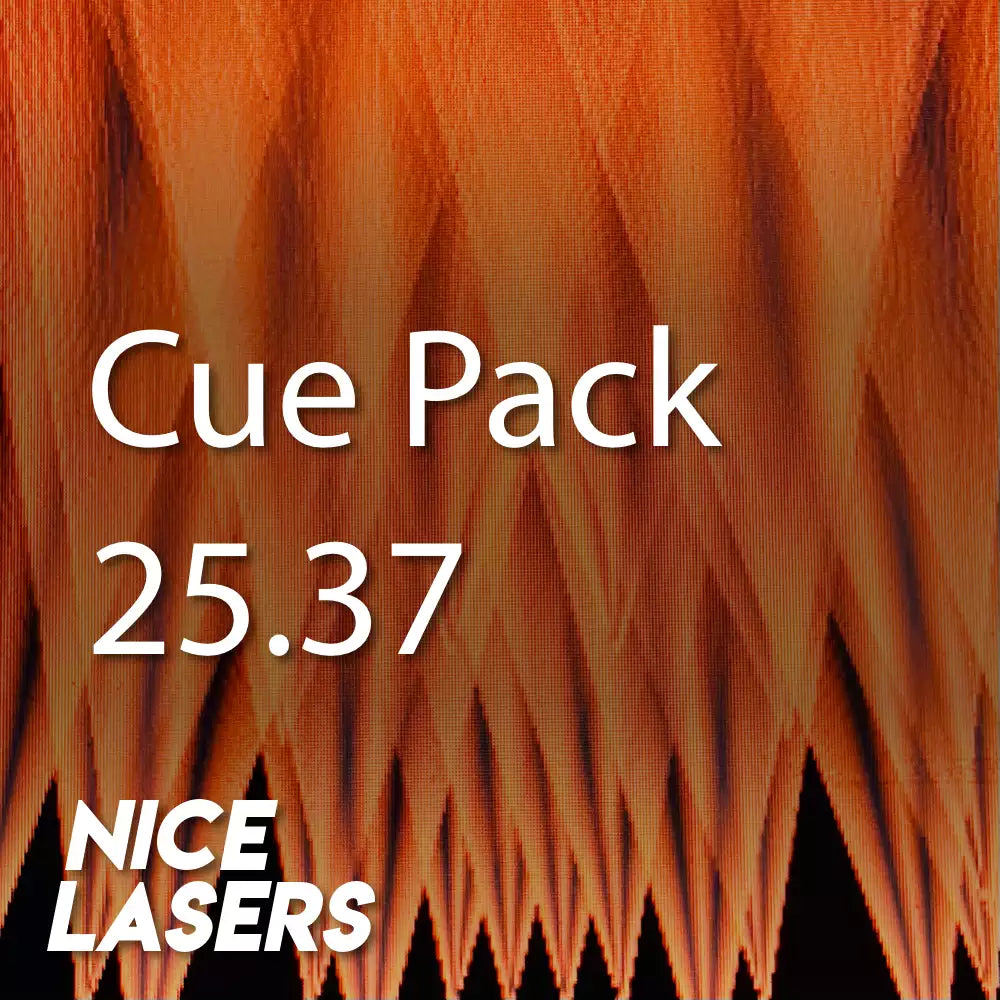 Text 'Cue Pack 25.37' and 'Nice Lasers' on a textured orange background