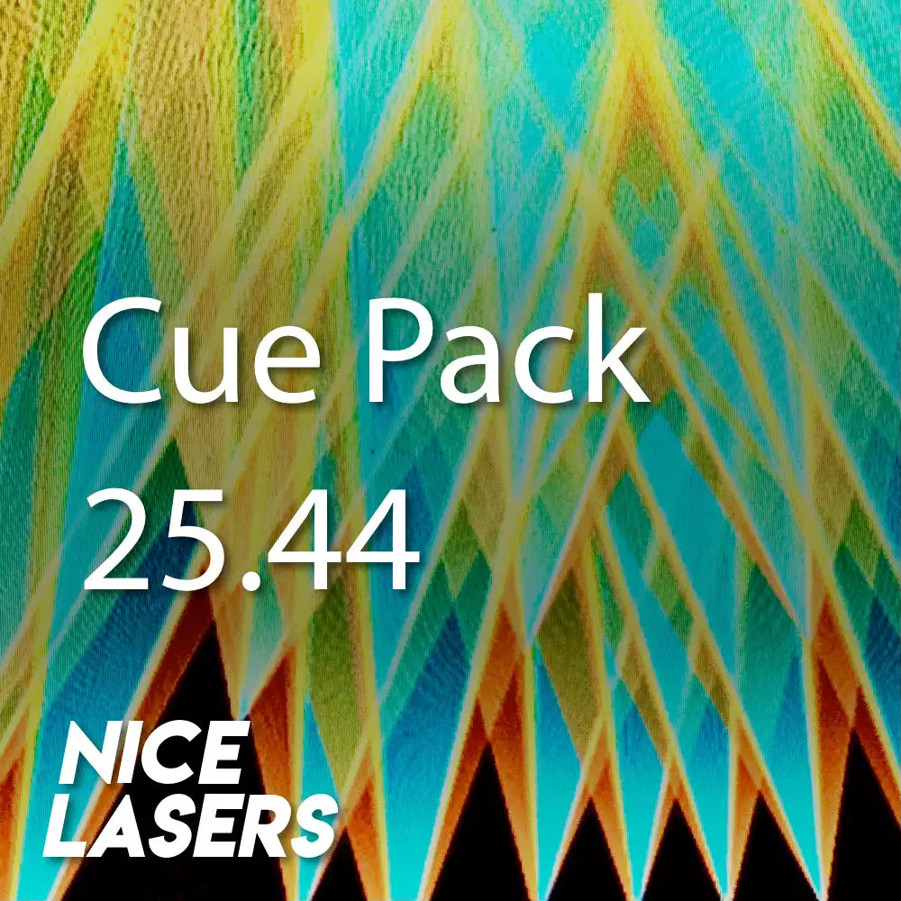 Colorful abstract pattern with 'Cue Pack 25.44' and 'Nice Lasers' text overlay.