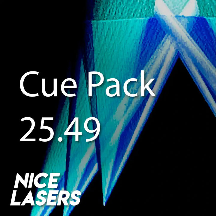 Promotional graphic for 'Cue Pack 25.49' by Nice Lasers with laser beams on a black background.