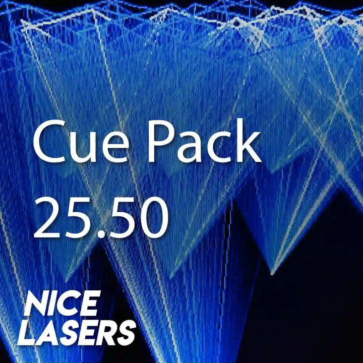 Blue laser light pattern with text 'Cue Pack 25.50' and 'Nice Lasers' branding.