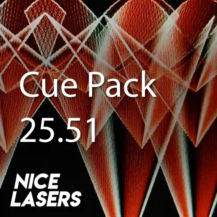 Geometric pattern with 'Cue Pack 25.51' and 'Nice Lasers' text overlay.