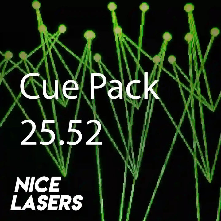 Green laser lines on a black background with text 'Cue Pack 25.52 NICE LASERS'.