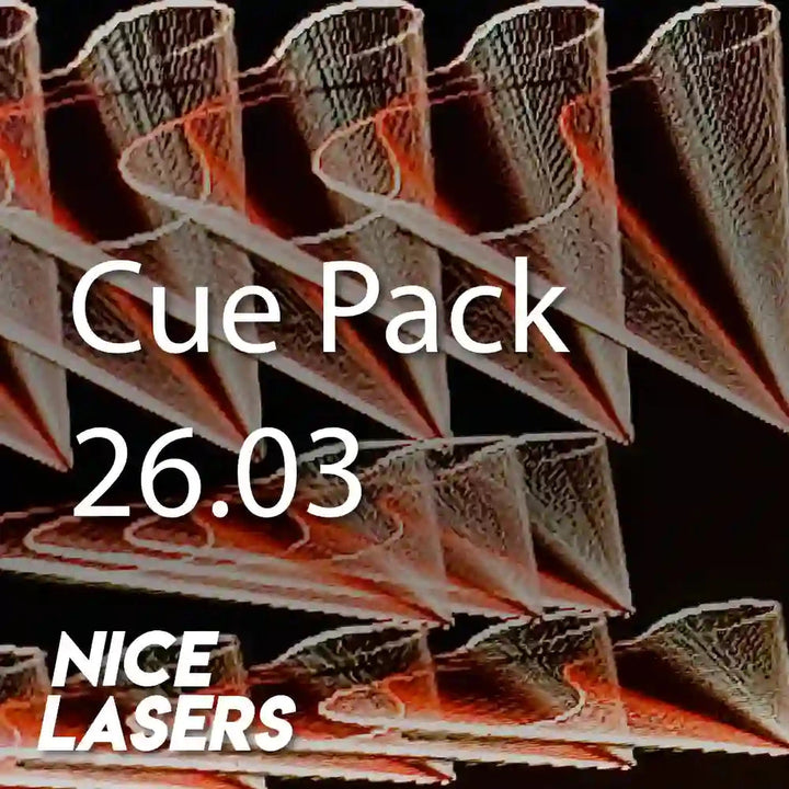 Cue pack with 'Nice Lasers' branding and text 'Cue Pack 26.03' on a dark background