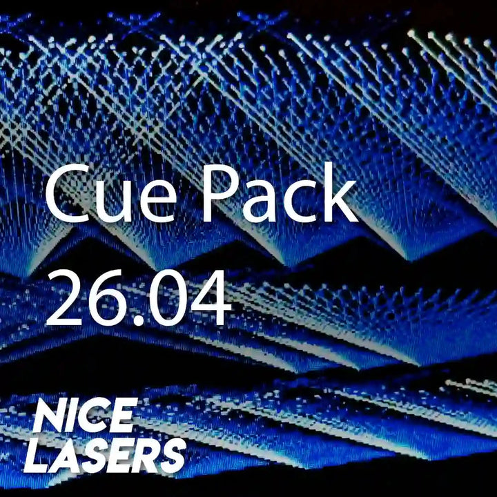 Blue laser patterns with text 'Cue Pack 26.04' and 'Nice Lasers' on a dark background