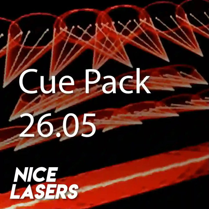 Red laser pointers with 'Cue Pack 26.05' text and 'Nice Lasers' branding on a black background.