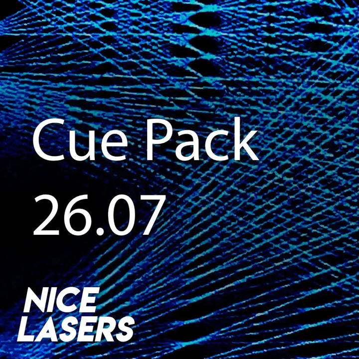Blue textured background with 'Cue Pack 26.07' and 'Nice Lasers' text.