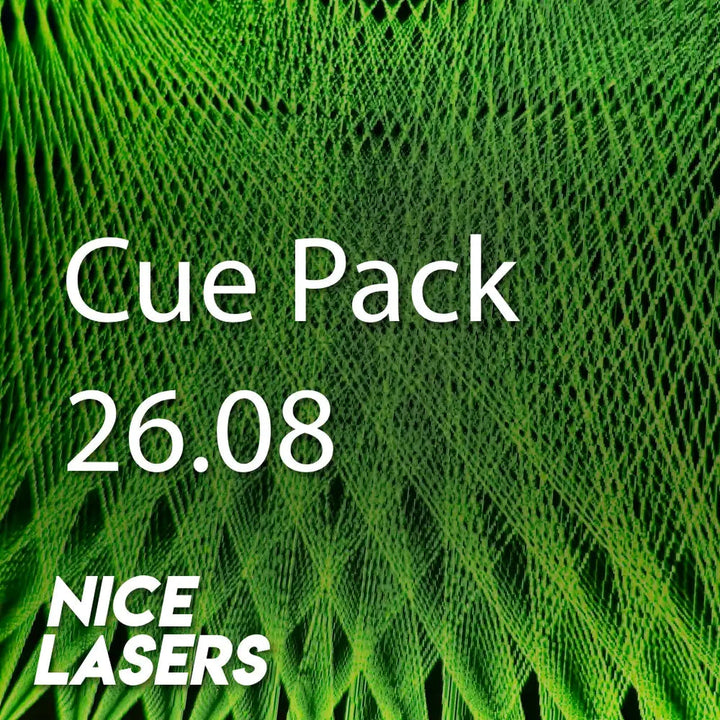 Text 'Cue Pack 26.08' and 'Nice Lasers' on a green textured background
