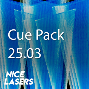 Nice Lasers CuePack 25.03 Thumbnail with blue and cyan laser background, text on foreground