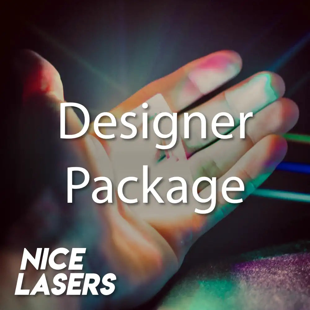 Hand with colorful laser lights and 'Designer Package' text overlay, featuring the brand 'Nice Lasers'.