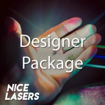Hand with colorful laser lights and 'Designer Package' text overlay, featuring the brand 'Nice Lasers'.