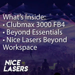 Promotional text about Nice Lasers products with a blurred concert background
