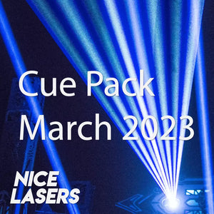 Product thumbnail for Nice Lasers’ Cue Pack titled ‘March 2023.’ The background features intense blue laser beams fanning out from a single source, creating a dramatic stage lighting effect. The text ‘Cue Pack’ and ‘March 2023’ is displayed in white, with the Nice Lasers logo positioned in the bottom left corner.