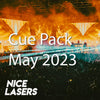 Product thumbnail for Nice Lasers’ Cue Pack titled ‘May 2023.’ The background features a high-energy concert scene with vibrant orange visuals on large LED screens, blue laser beams cutting across the crowd, and silhouettes of performers on stage. The text ‘Cue Pack’ and ‘May 2023’ is displayed in white, with the Nice Lasers logo positioned in the bottom left corner.