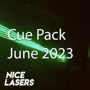 Product thumbnail for Nice Lasers’ Cue Pack titled ‘June 2023.’ The background features bright green laser beams cutting through darkness, creating a dynamic lighting effect. The text ‘Cue Pack’ and ‘June 2023’ is displayed in white, with the Nice Lasers logo positioned in the bottom left corner.