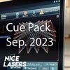 A computer screen displaying laser cue designs in a software interface, featuring geometric patterns. Text overlay reads ‘Cue Pack Sep. 2023’ with the Nice Lasers logo in the corner.