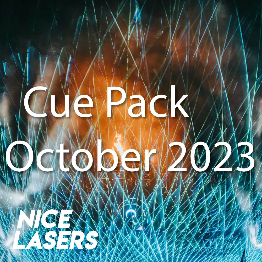 Product thumbnail for Nice Lasers’ Cue Pack titled ‘October 2023.’ The background showcases an energetic laser display with intersecting blue beams and an orange fiery effect, creating a striking contrast. The text ‘Cue Pack’ and ‘October 2023’ is prominently displayed in white, with the Nice Lasers logo positioned in the bottom left corner.