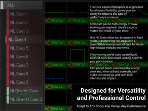 Nice Lasers Workspace displaying a variety of laser cues, organized by categories such as NL Cues 4, with clear, adjustable effects for live operation.