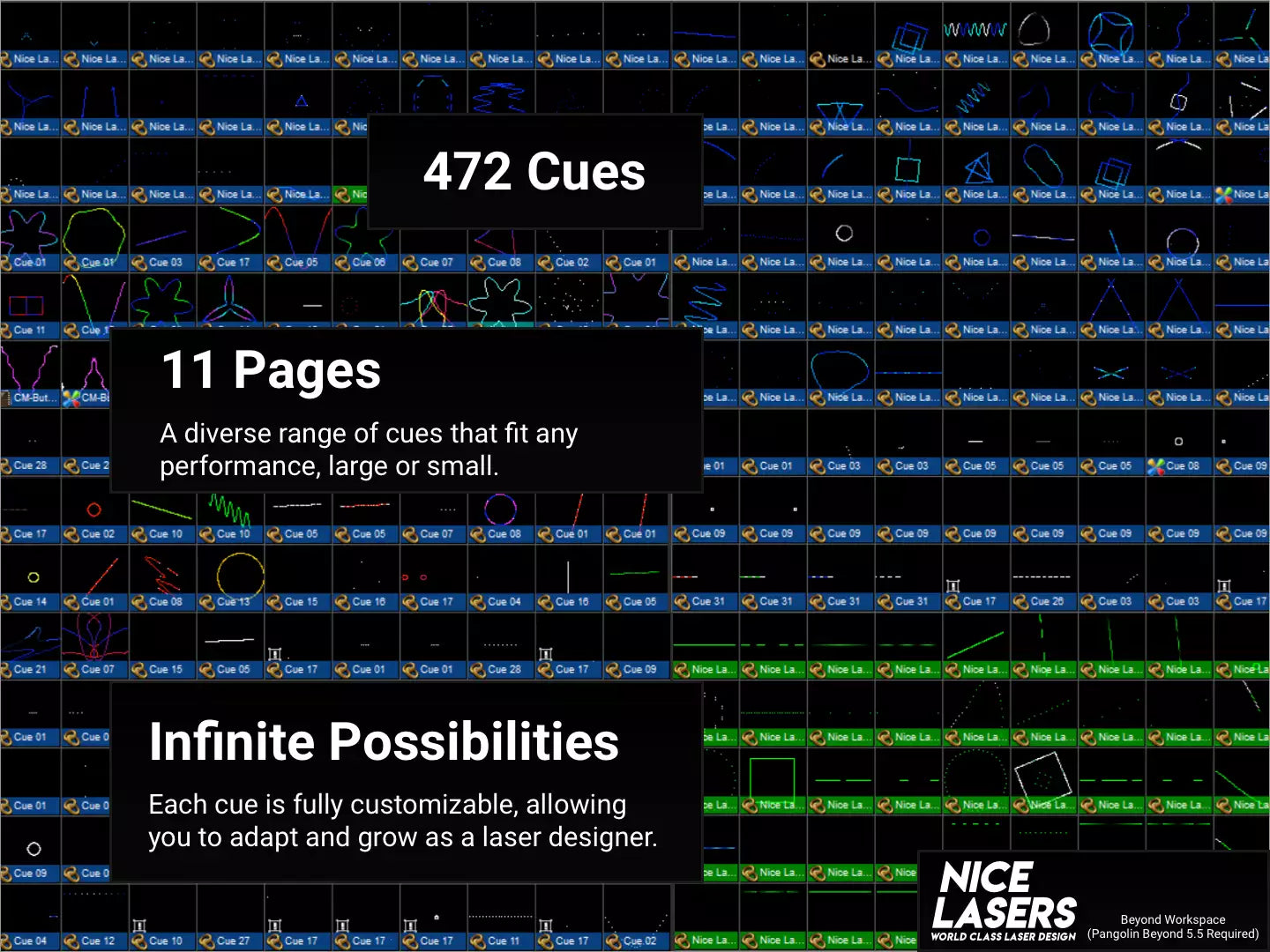 Overview of Nice Lasers Workspace with key highlights, including 472 cues across 11 pages and endless possibilities for customization and creative control.