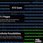 Overview of Nice Lasers Workspace with key highlights, including 472 cues across 11 pages and endless possibilities for customization and creative control.