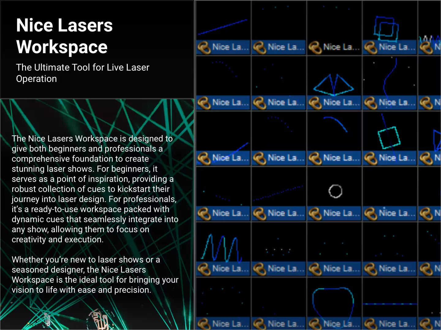 Nice Lasers Workspace showcasing dynamic laser cues with vibrant blue and cyan colors for immersive and impactful laser shows.