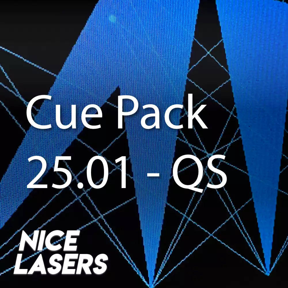 A digital laser display with sharp blue and cyan beams forming geometric patterns. Text overlay reads ‘Cue Pack 25.01 - QS’ with the Nice Lasers logo in the corner.