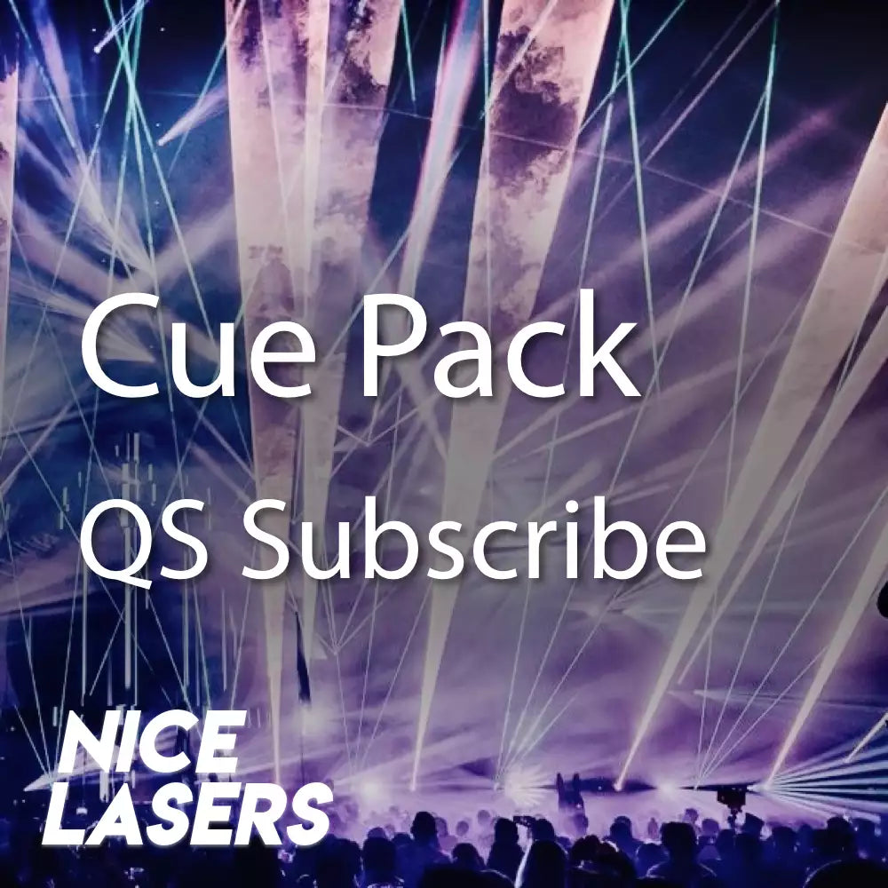 A vibrant laser show with beams of light cutting through the atmosphere at a live event. Text overlay reads ‘Cue Pack QS Subscribe’ with the Nice Lasers logo in the corner.