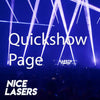 Quickshow page featuring dynamic laser light beams with a vibrant blue background and the Nice Lasers logo, showcasing professional laser design for events.