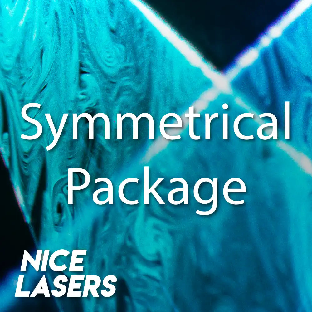 Text 'Symmetrical Package' and 'Nice Lasers' on a blue abstract background