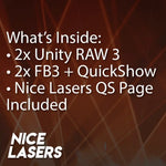 Text list of features with 'Nice Lasers' branding on a dark background
