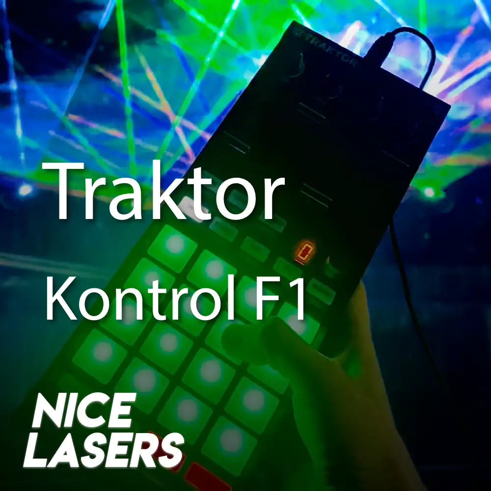 Product thumbnail for Nice Lasers featuring the Traktor Kontrol F1. The background showcases a vibrant laser light show with green and blue beams, while a hand holds a Traktor Kontrol F1 MIDI controller with illuminated pads. The text ‘Traktor Kontrol F1’ is prominently displayed in white, with the Nice Lasers logo positioned in the bottom left corner.