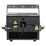 Black laser light projector with warning labels on a white background