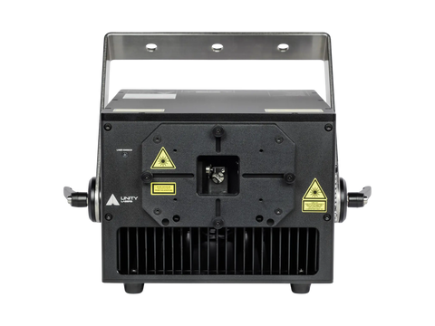 Black laser light projector with warning labels on a white background