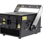 Black laser light equipment with warning labels on a white background