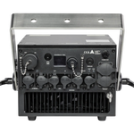 Black laser projector back plate with various controls and connectors on a white background